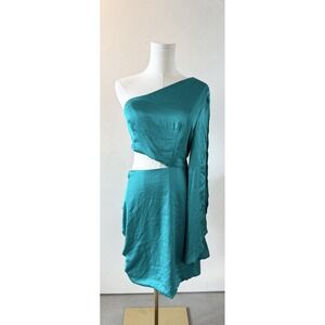 Dee Elly Sexy Satin Teal Blue Off Shoulder Mini Cocktail Dress NYE Party Size M